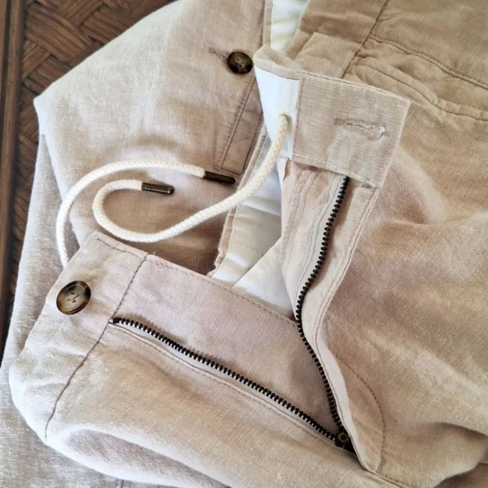 Old Navy Linen Blend Slim Pull On Trousers NWOT Drawstring Pants Beige Men's L